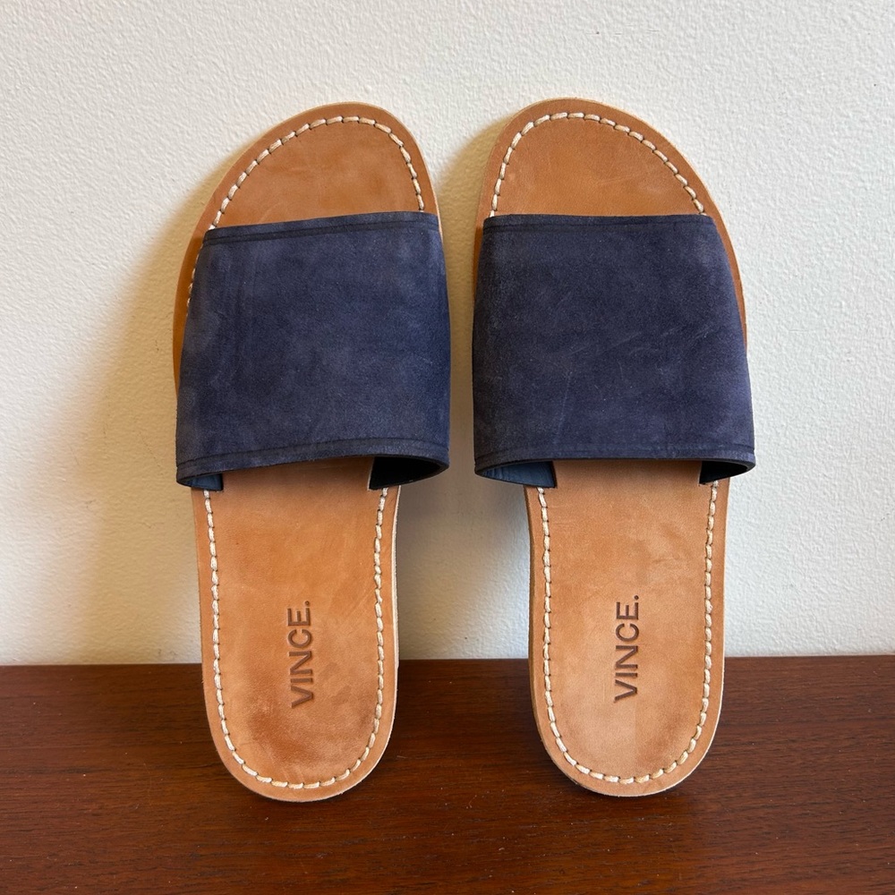 VINCE Suede-Leather Flat Mules Navy - Picture 6 of 8